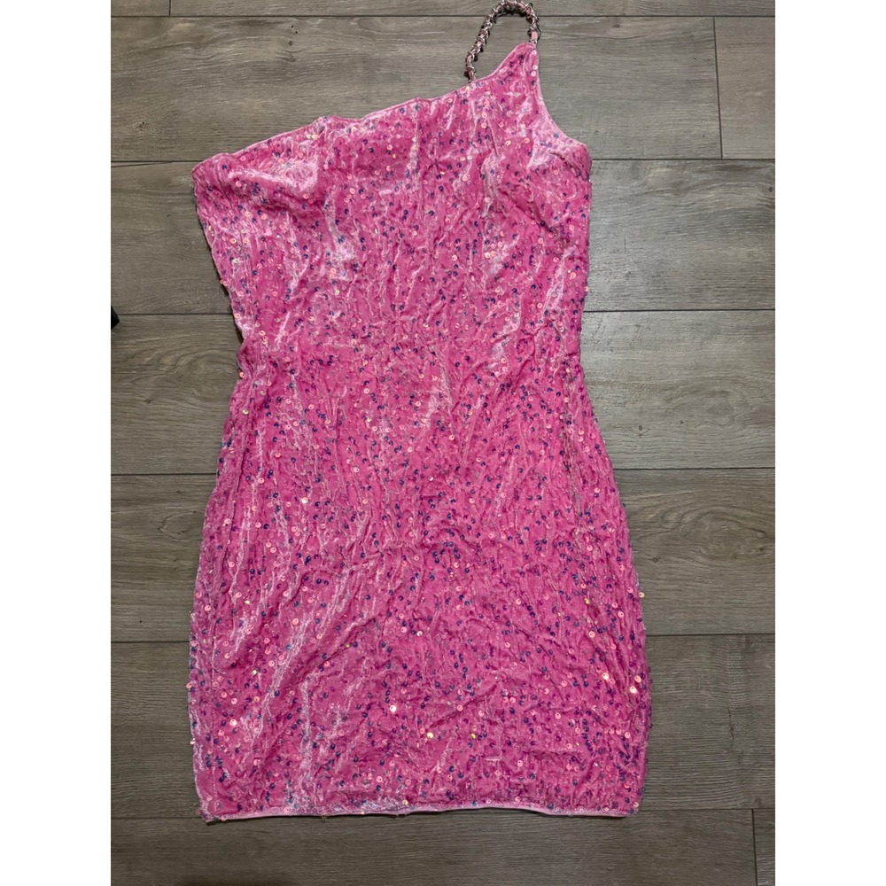 Joyfunear Pink Sequin Velvet One Shoulder Mini Dress Chain Strap DAK1626 Size M